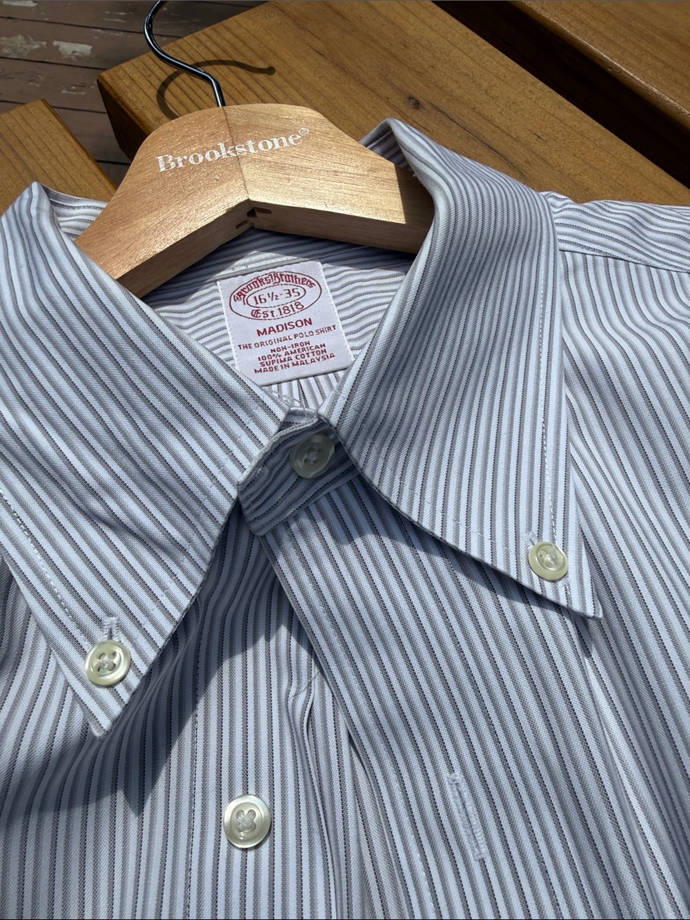 Brooks Brothers Men's Brown and White Pinstripe Dress Shirt - Picture 3 of 6